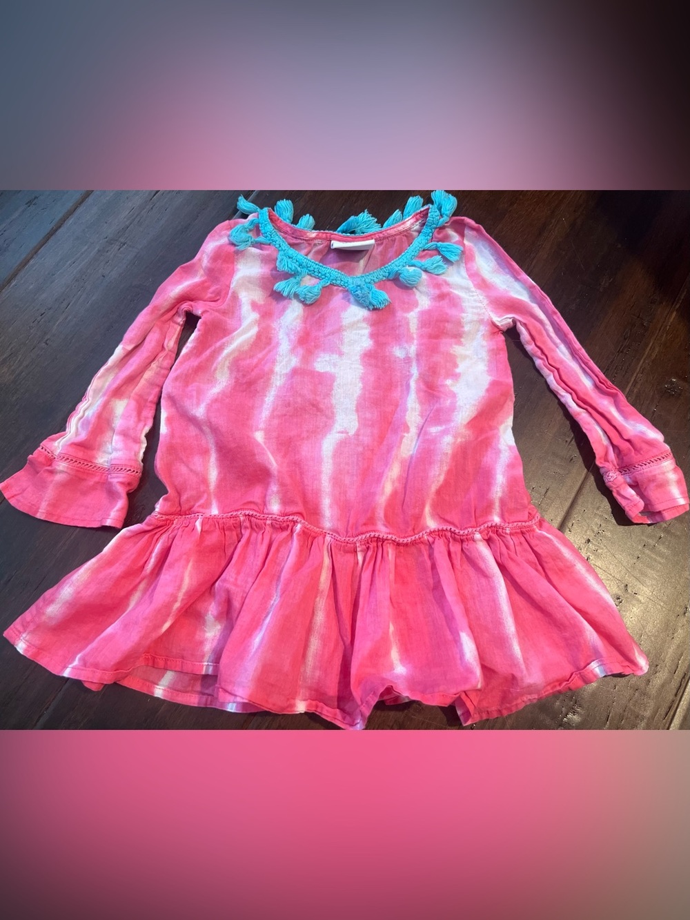 Pink Tie-Dye Long Sleeve Ruffle Tunic with Turquoise Tassel Neck